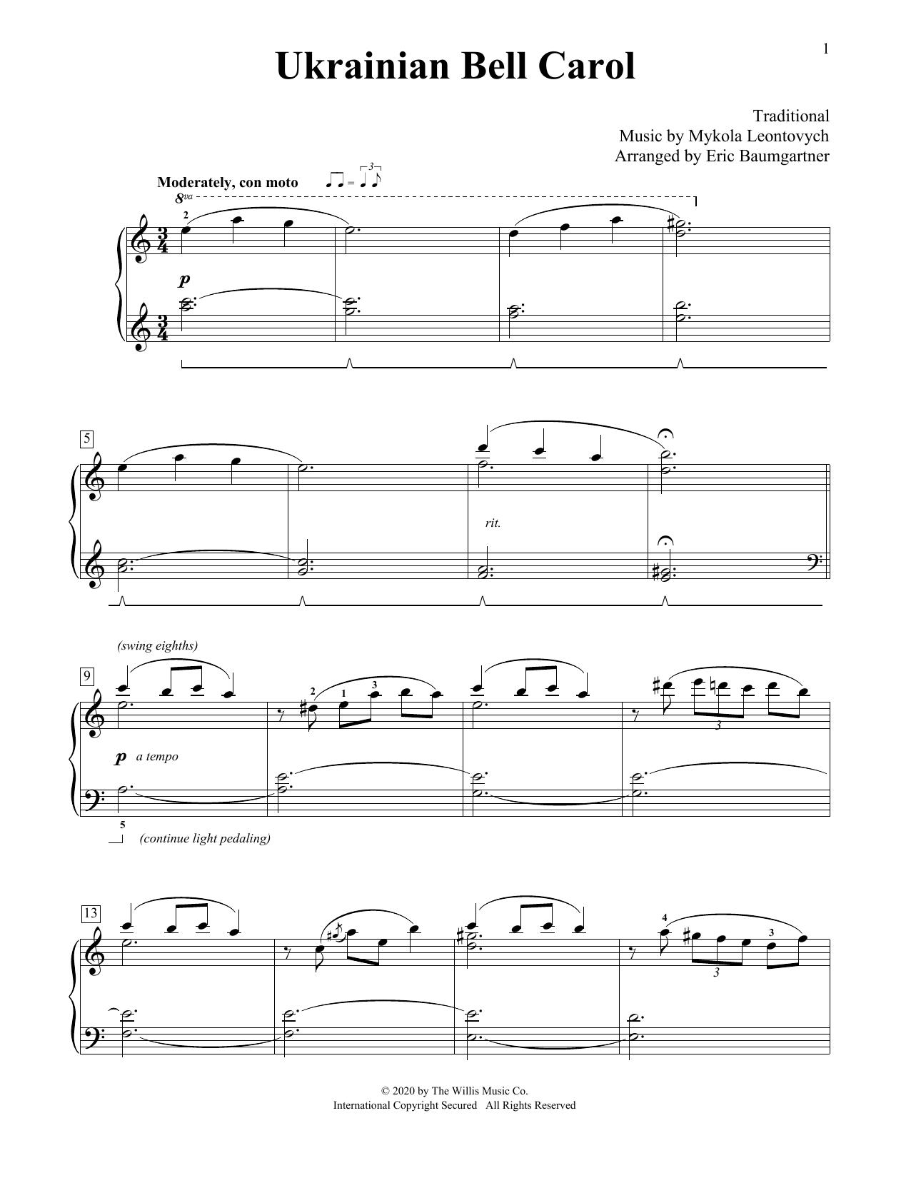 Download Mykola Leontovych Ukrainian Bell Carol [Jazz version] (arr. Eric Baumgartner) Sheet Music and learn how to play Educational Piano PDF digital score in minutes