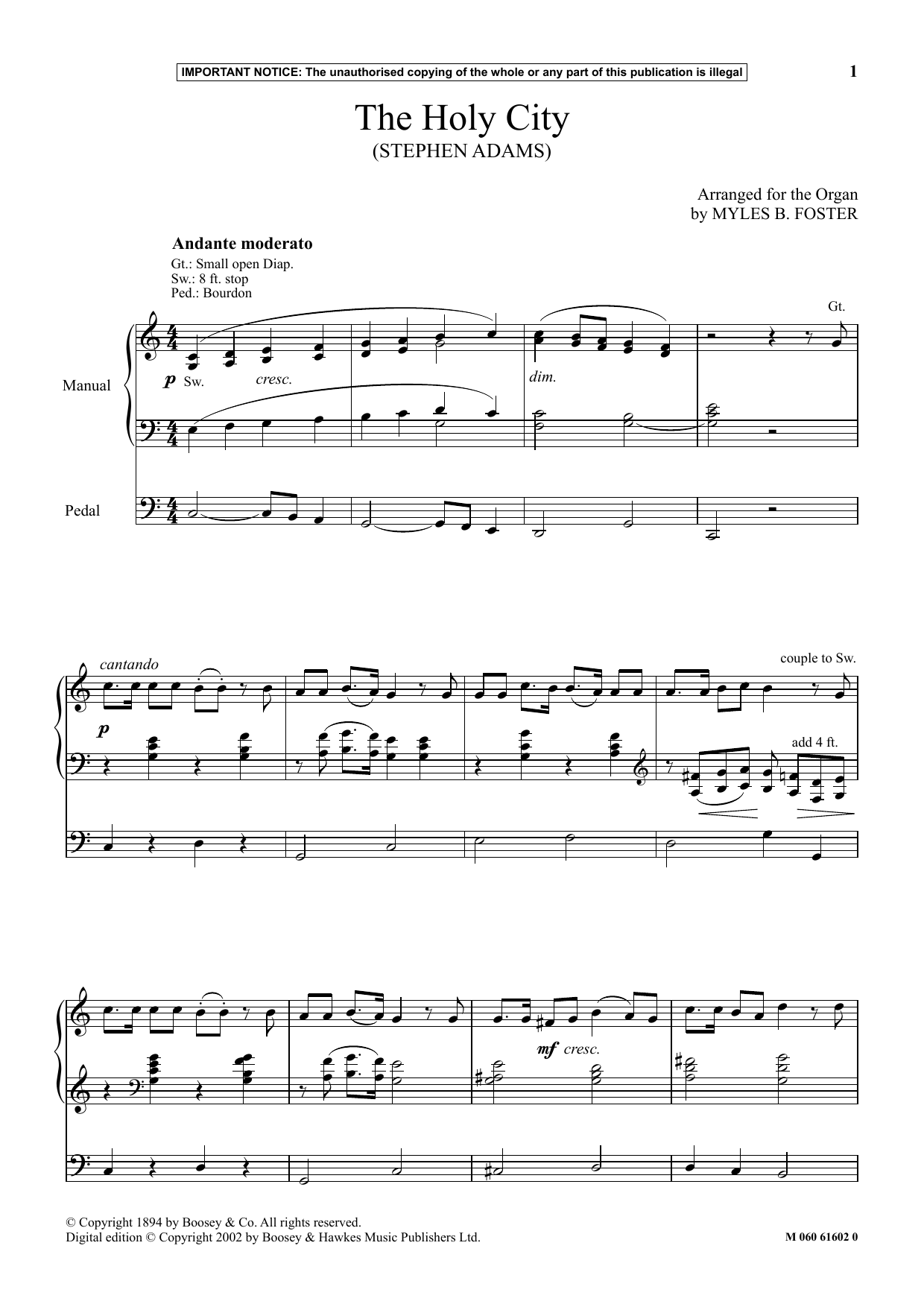 Download Myles B. Foster The Holy City Sheet Music and learn how to play Instrumental Solo PDF digital score in minutes