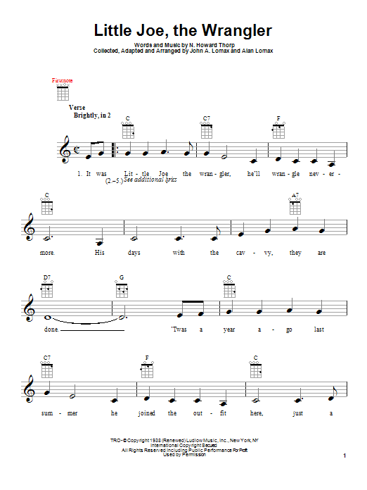 Download N. Howard Thorp Little Joe, The Wrangler Sheet Music and learn how to play Ukulele PDF digital score in minutes