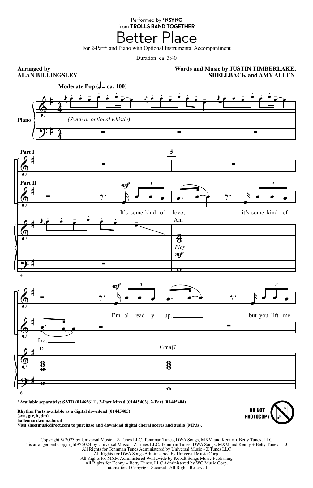 Download *NSYNC Better Place (arr. Alan Billingsley) Sheet Music and learn how to play 2-Part Choir PDF digital score in minutes