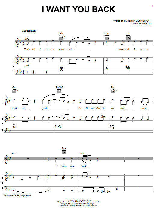 Download 'N Sync I Want You Back Sheet Music and learn how to play Piano, Vocal & Guitar (Right-Hand Melody) PDF digital score in minutes