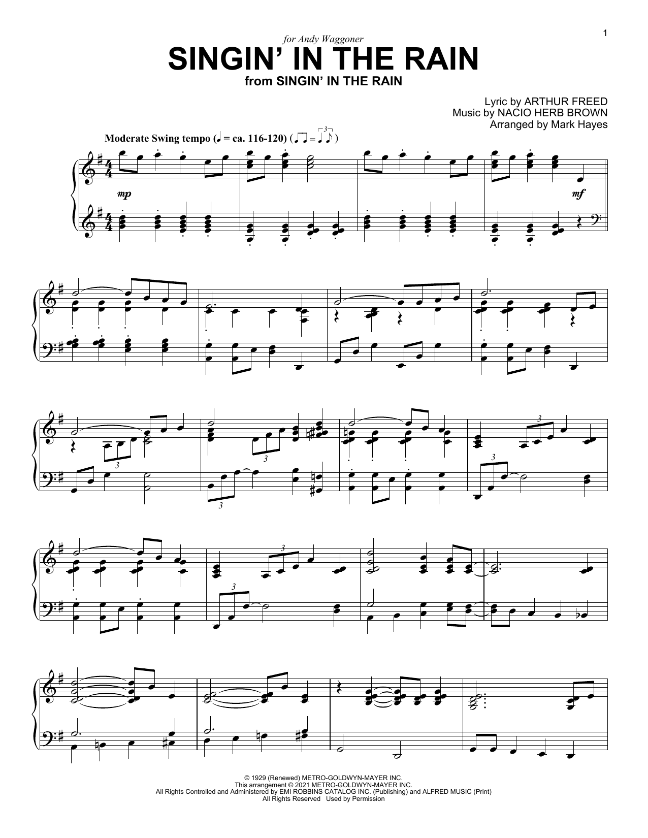 Download Nacio Herb Brown Singin' In The Rain (from Singin' In The Rain) (arr. Mark Hayes) Sheet Music and learn how to play Piano Solo PDF digital score in minutes