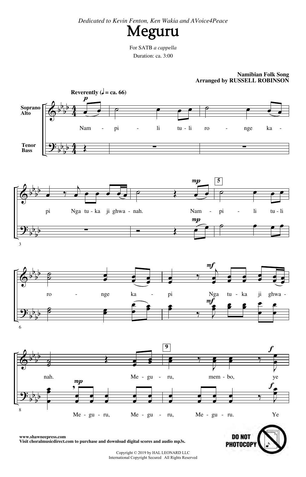 Download Namibian Folk Song Meguru (arr. Russell Robinson) Sheet Music and learn how to play SATB Choir PDF digital score in minutes