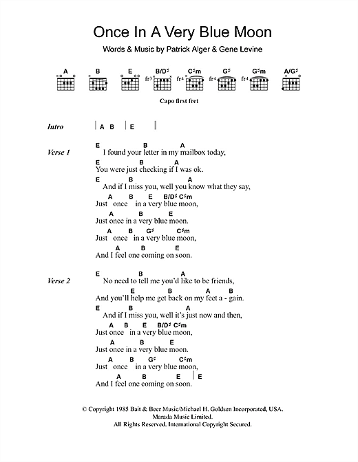 Download Nanci Griffith Once In A Very Blue Moon Sheet Music and learn how to play Lyrics & Chords PDF digital score in minutes