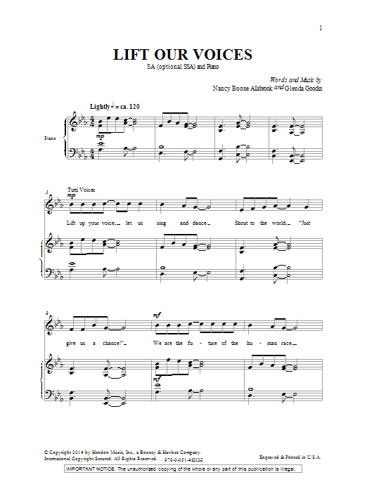 Download Nancy Allsbrook Lift Our Voices Sheet Music and learn how to play 2-Part Choir PDF digital score in minutes