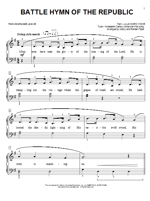 Download Nancy and Randall Faber Battle Hymn of the Republic Sheet Music and learn how to play Piano Adventures PDF digital score in minutes