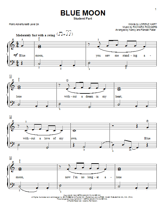 Download Nancy and Randall Faber Blue Moon Sheet Music and learn how to play Piano Adventures PDF digital score in minutes