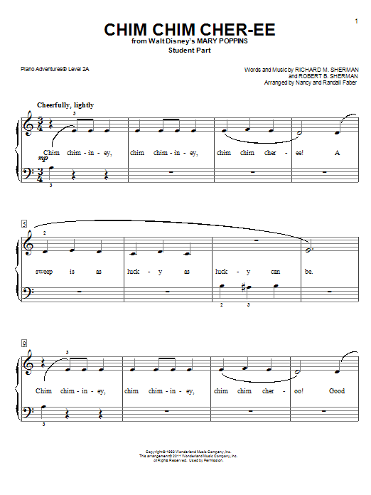 Download Nancy and Randall Faber Chim Chim Cher-ee Sheet Music and learn how to play Piano Adventures PDF digital score in minutes