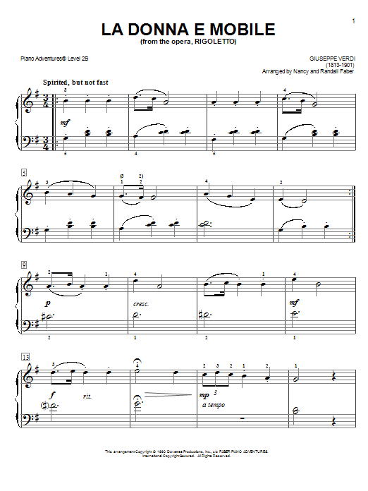 Download Nancy and Randall Faber La Donna E Mobile Sheet Music and learn how to play Piano Adventures PDF digital score in minutes