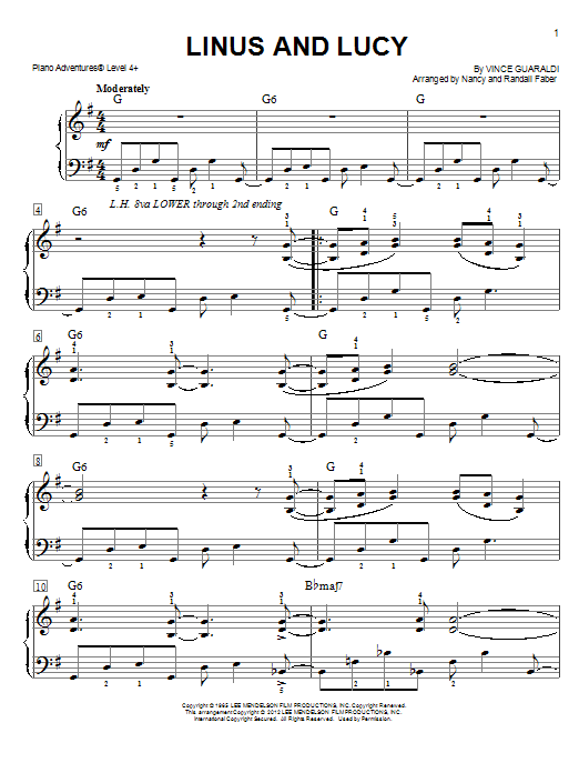 Download Nancy and Randall Faber Linus and Lucy Sheet Music and learn how to play Piano Adventures PDF digital score in minutes