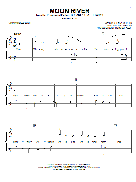 Download Nancy and Randall Faber Moon River Sheet Music and learn how to play Piano Adventures PDF digital score in minutes