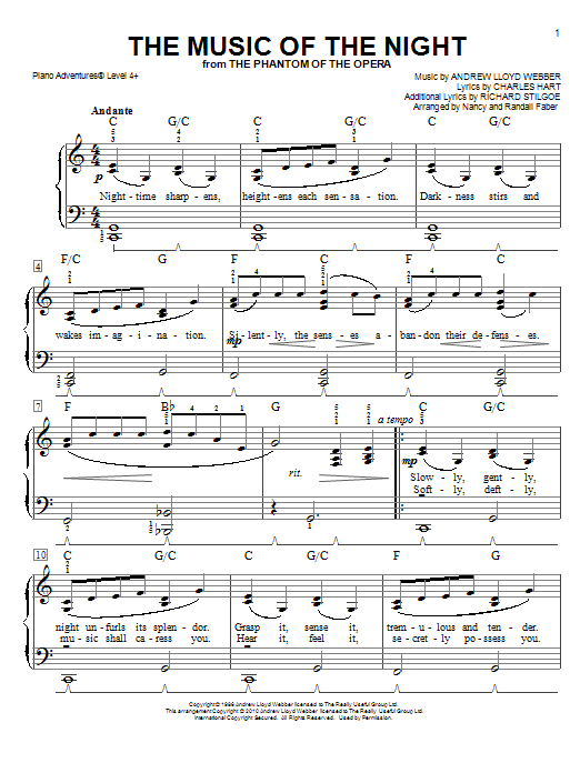 Download Nancy and Randall Faber The Music Of The Night Sheet Music and learn how to play Piano Adventures PDF digital score in minutes