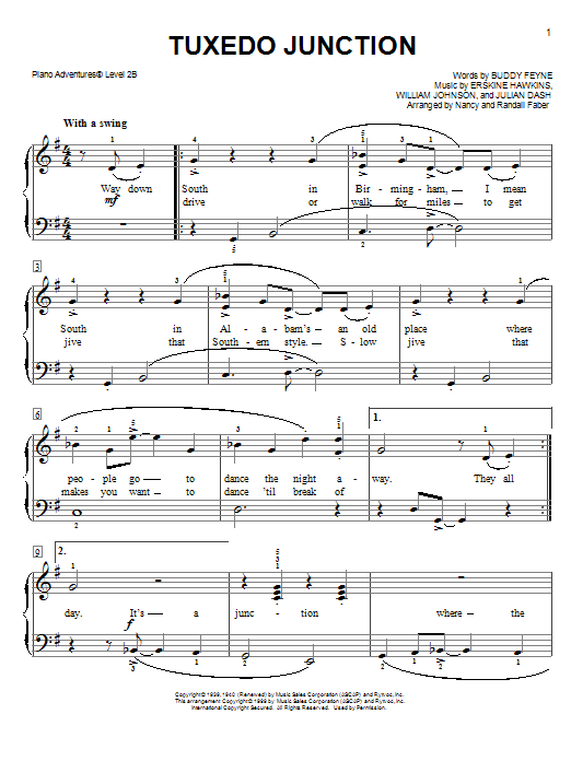 Download Nancy and Randall Faber Tuxedo Junction Sheet Music and learn how to play Piano Adventures PDF digital score in minutes