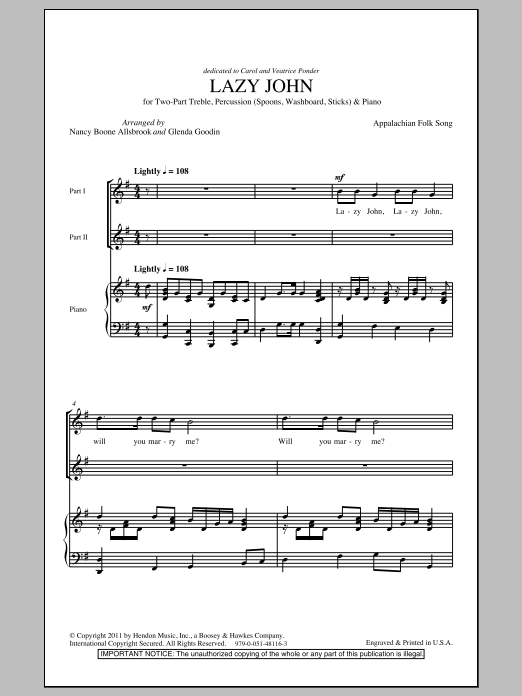 Download Nancy Boone Allsbrook Lazy John Sheet Music and learn how to play 2-Part Choir PDF digital score in minutes