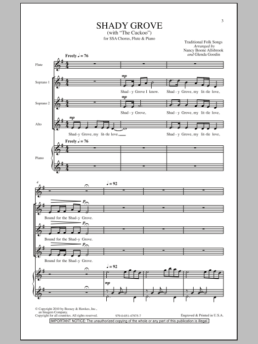 Download Traditional Folksong Shady Grove (with The Cuckoo) (arr. Nancy Boone Allsbrook) Sheet Music and learn how to play SSA PDF digital score in minutes