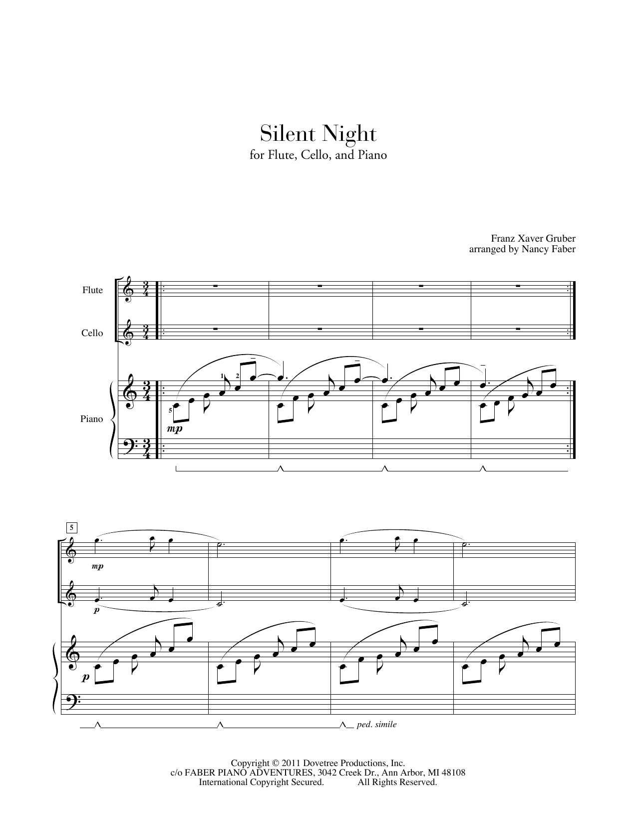 Download Nancy Faber Silent Night (for Flute, Cello, Piano) Sheet Music and learn how to play Piano Adventures PDF digital score in minutes