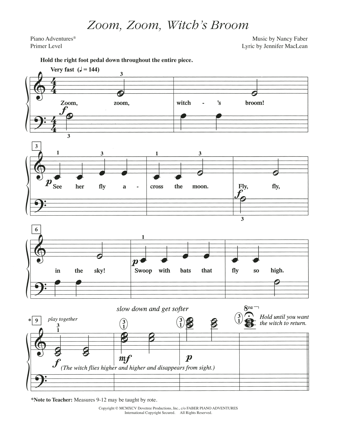 Download Nancy Faber Zoom, Zoom, Witch's Broom Sheet Music and learn how to play Piano Adventures PDF digital score in minutes