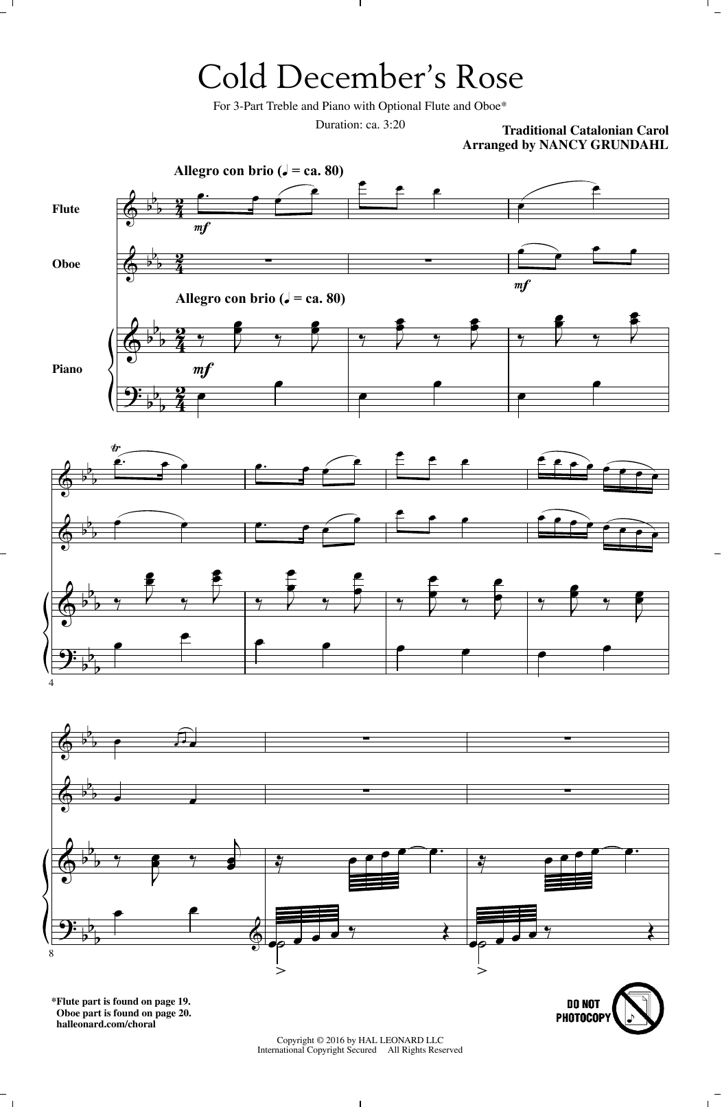 Download Traditional Carol Cold December's Rose (arr. Nancy Grundahl) Sheet Music and learn how to play 3-Part Treble PDF digital score in minutes