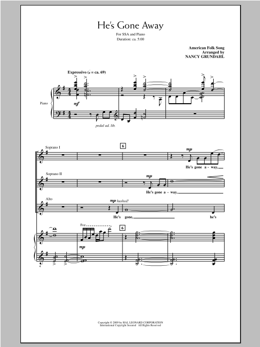 Download Traditional Folksong He's Gone Away (arr. Nancy Grundahl) Sheet Music and learn how to play SSA PDF digital score in minutes