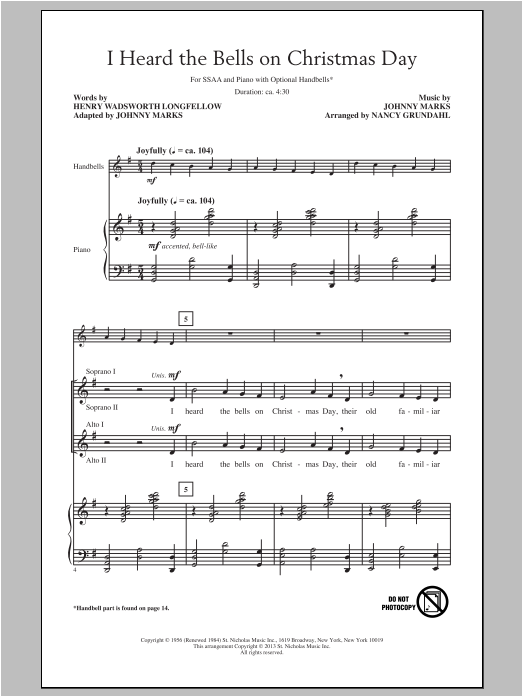 Download Nancy Grundahl I Heard The Bells On Christmas Day Sheet Music and learn how to play SSA PDF digital score in minutes