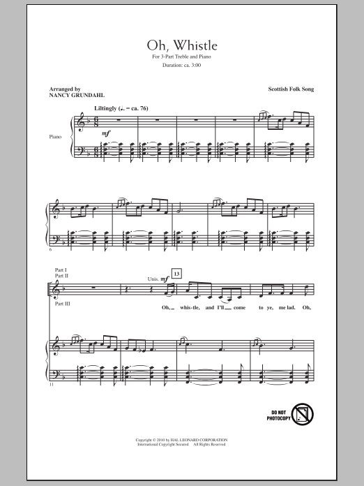 Download Nancy Grundahl Oh, Whistle Sheet Music and learn how to play 3-Part Treble Choir PDF digital score in minutes