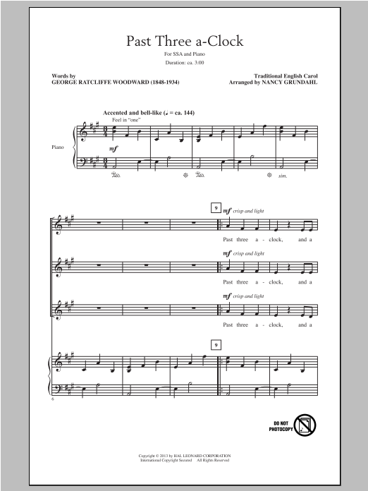 Download Traditional Carol Past Three A Clock (arr. Nancy Grundahl) Sheet Music and learn how to play SSA PDF digital score in minutes