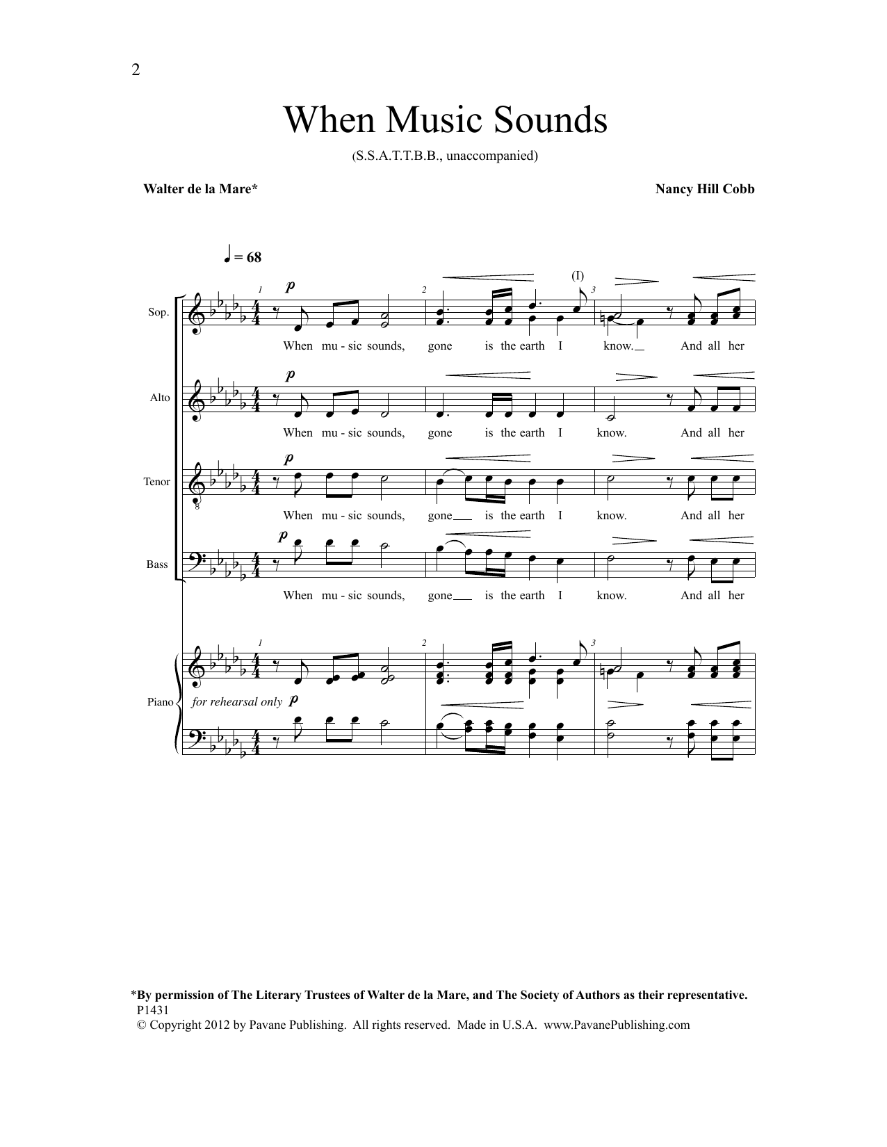 Download Nancy Hill Cobb When Music Sounds Sheet Music and learn how to play SSATTBB PDF digital score in minutes