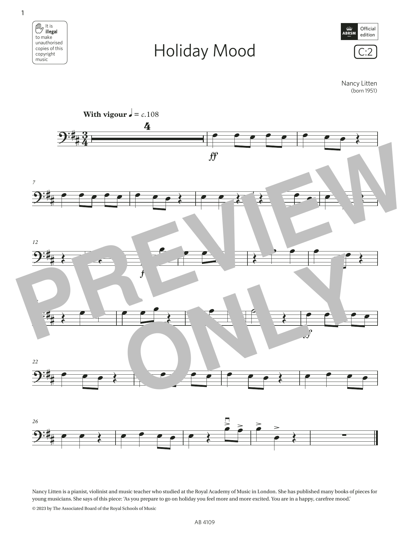Download Nancy Litten Holiday Mood (Grade Initial, C2, from the ABRSM Double Bass Syllabus from 2024) Sheet Music and learn how to play String Bass Solo PDF digital score in minutes