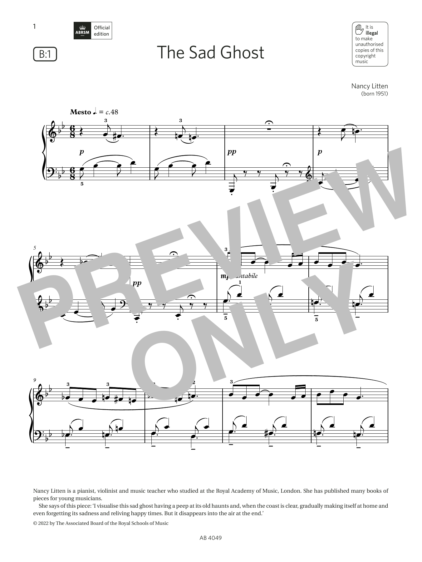 Download Nancy Litten The Sad Ghost (Grade 3, list B1, from the ABRSM Piano Syllabus 2023 & 2024) Sheet Music and learn how to play Piano Solo PDF digital score in minutes