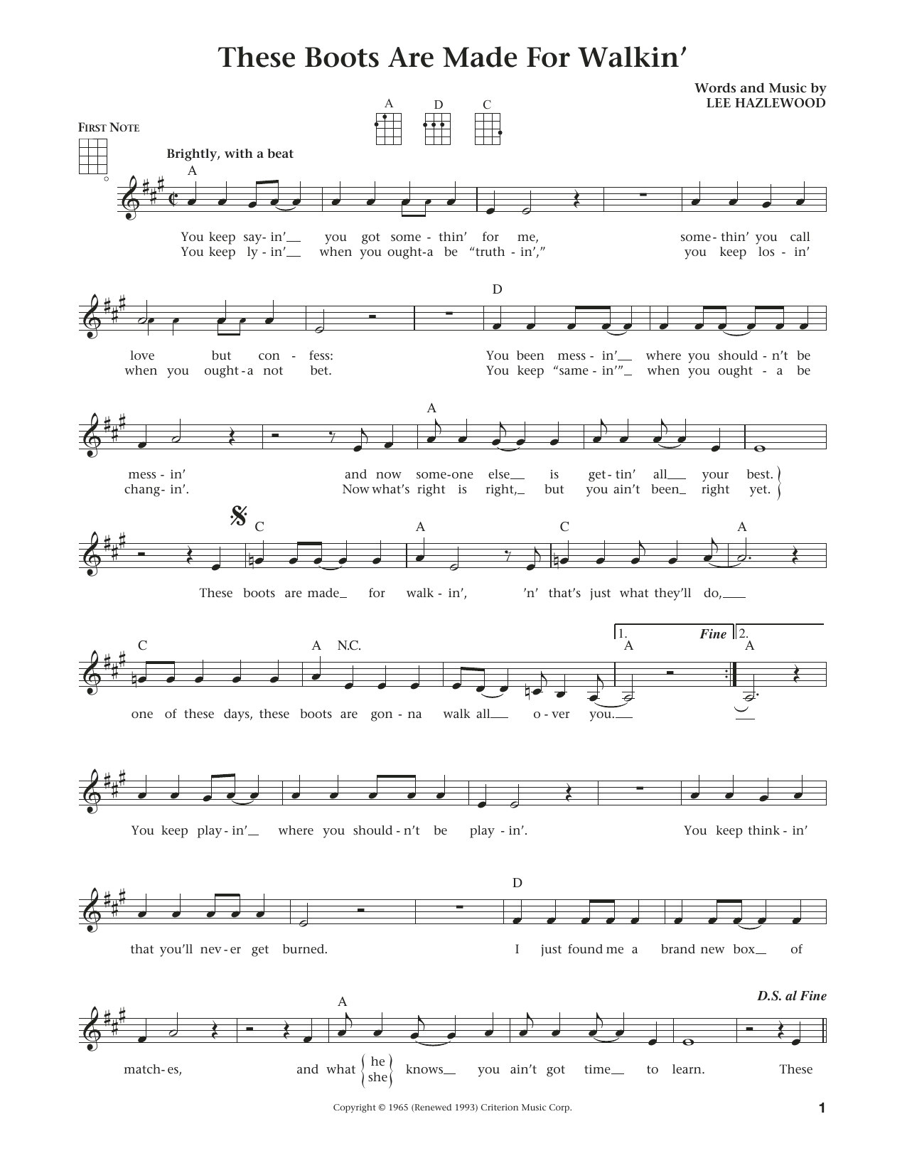 Download Nancy Sinatra These Boots Are Made For Walkin' Sheet Music and learn how to play Ukulele PDF digital score in minutes
