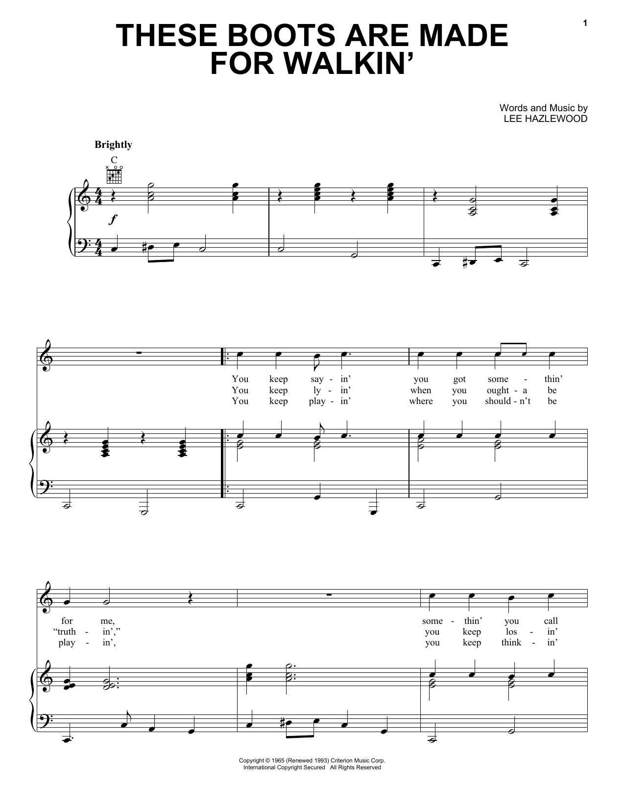Download Nancy Sinatra These Boots Are Made For Walkin' Sheet Music and learn how to play Melody Line, Lyrics & Chords PDF digital score in minutes