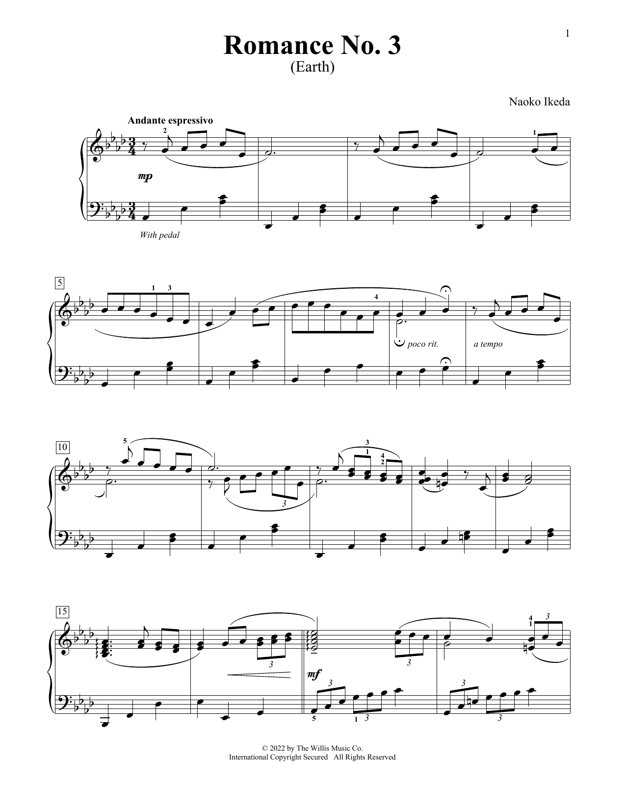 Download Naoko Ikeda Romance No. 3 (Earth) Sheet Music and learn how to play Educational Piano PDF digital score in minutes