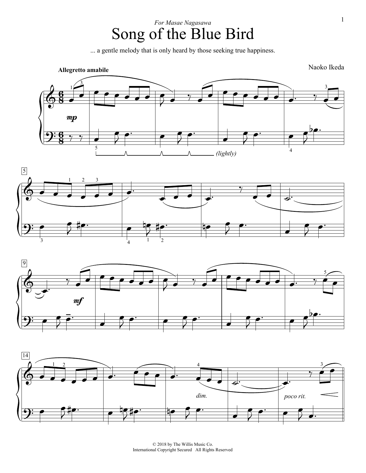 Download Naoko Ikeda Song Of The Blue Bird Sheet Music and learn how to play Educational Piano PDF digital score in minutes