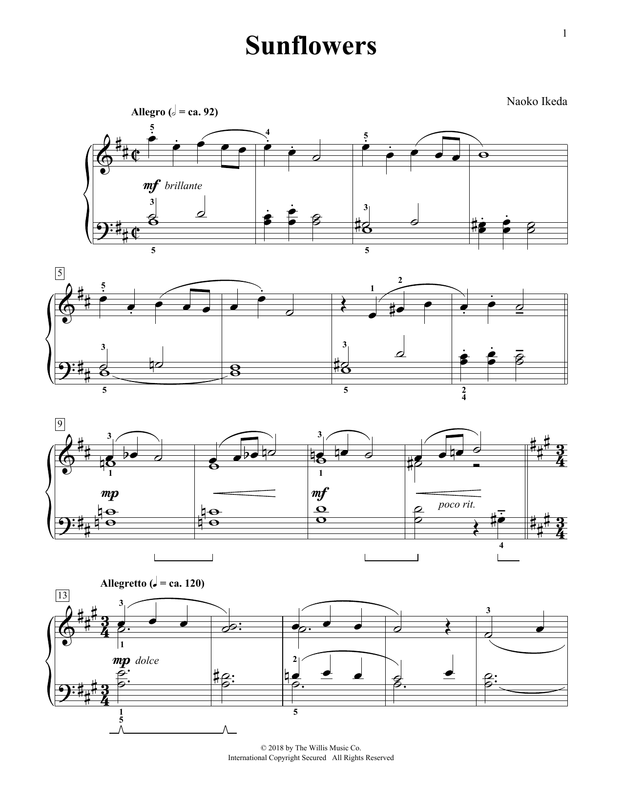 Download Naoko Ikeda Sunflowers Sheet Music and learn how to play Educational Piano PDF digital score in minutes