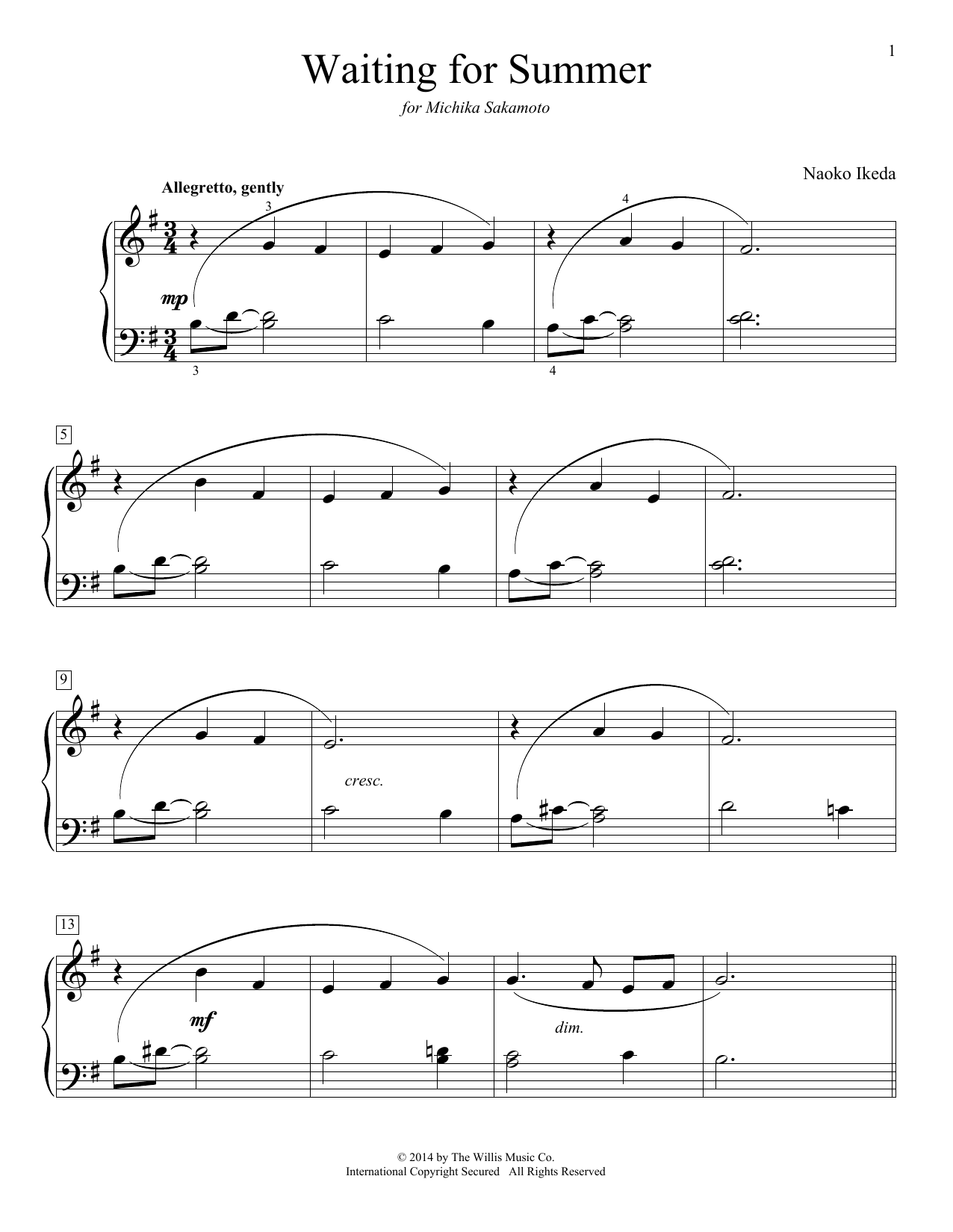 Download Naoko Ikeda Waiting For Summer Sheet Music and learn how to play Easy Piano PDF digital score in minutes