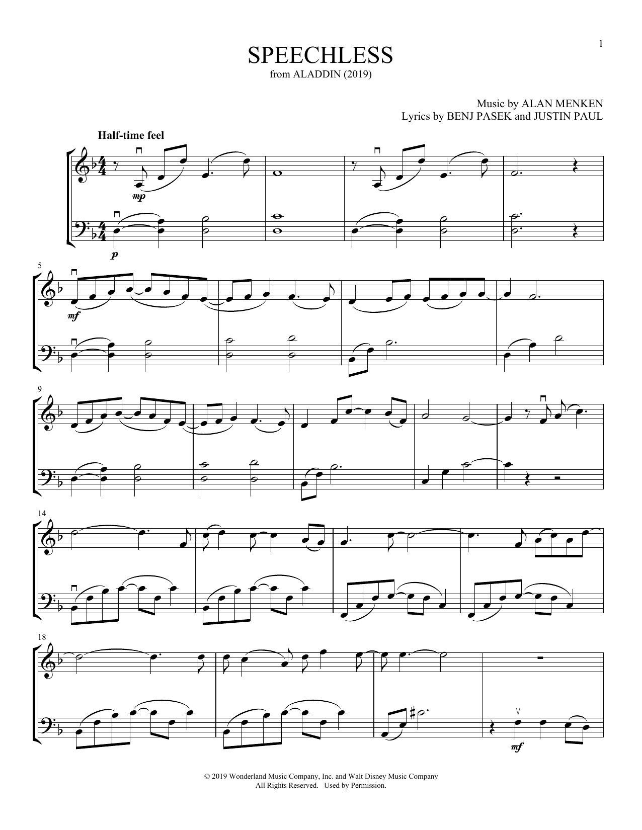 Download Naomi Scott Speechless (from Aladdin) (arr. Michelle Hynson) Sheet Music and learn how to play Instrumental Duet PDF digital score in minutes