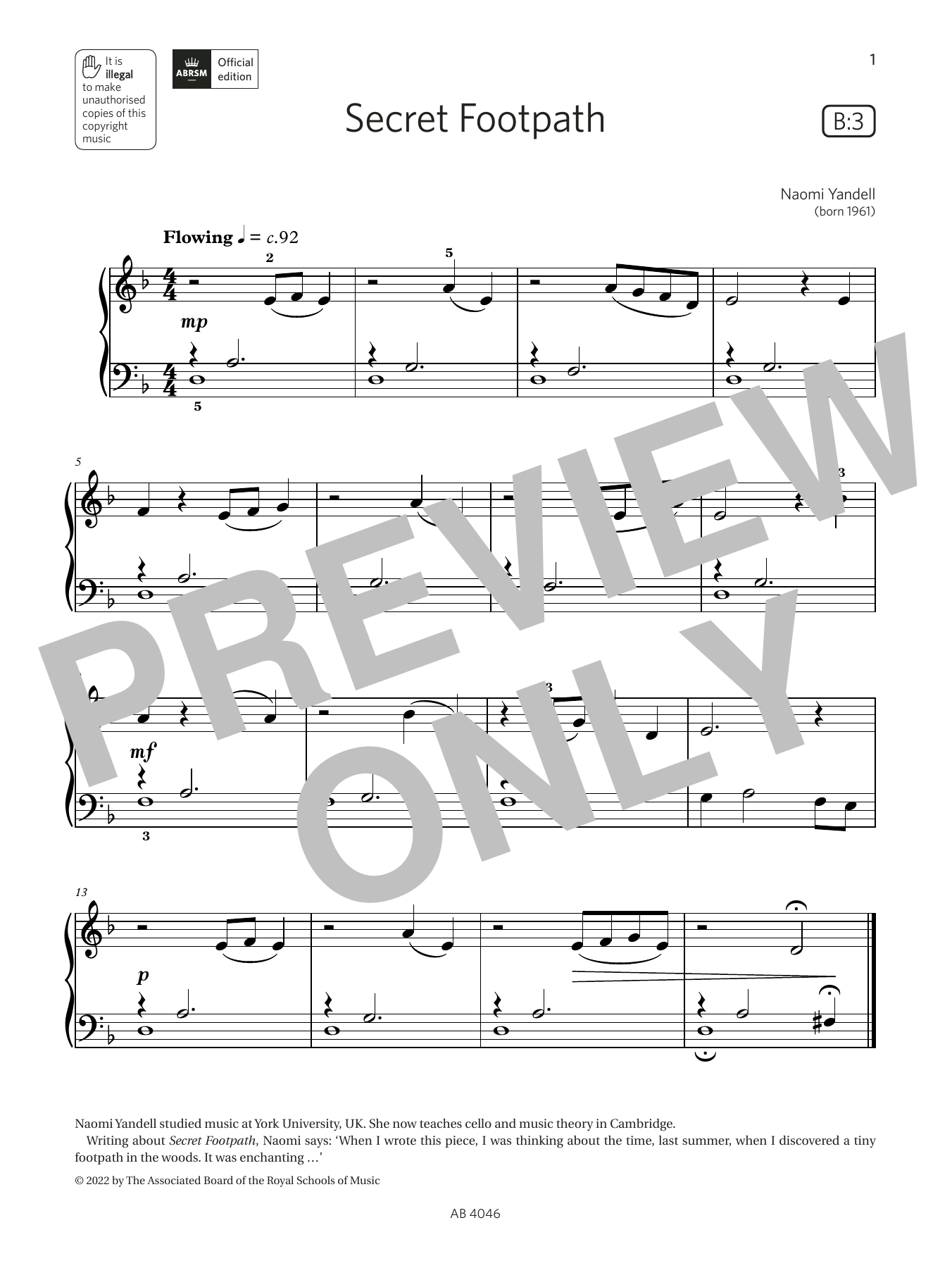 Download Naomi Yandell Secret Footpath (Grade Initial, list B3, from the ABRSM Piano Syllabus 2023 & 20 Sheet Music and learn how to play Piano Solo PDF digital score in minutes