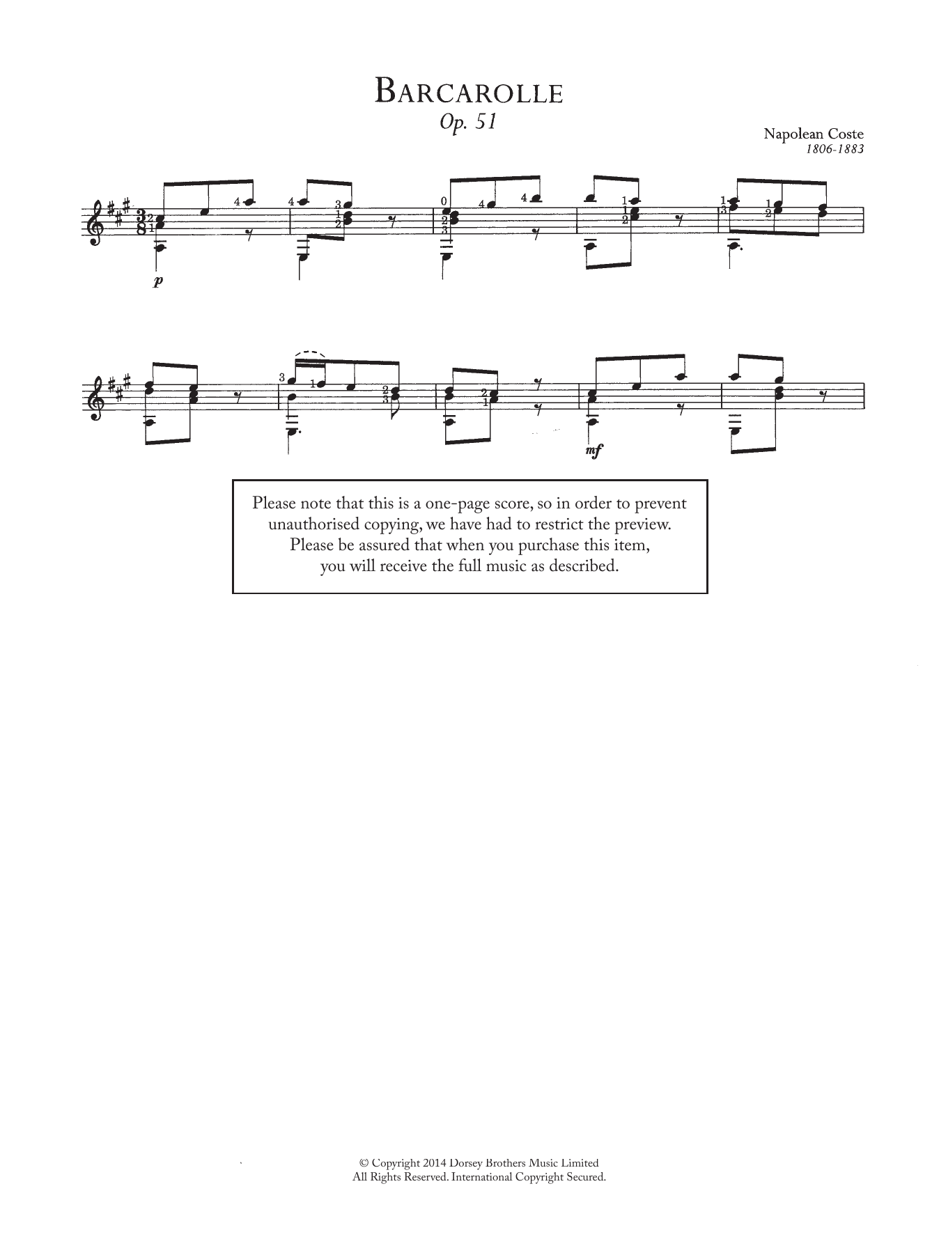 Download Napoleon Coste Barcarolle, Op.51 Sheet Music and learn how to play Guitar PDF digital score in minutes