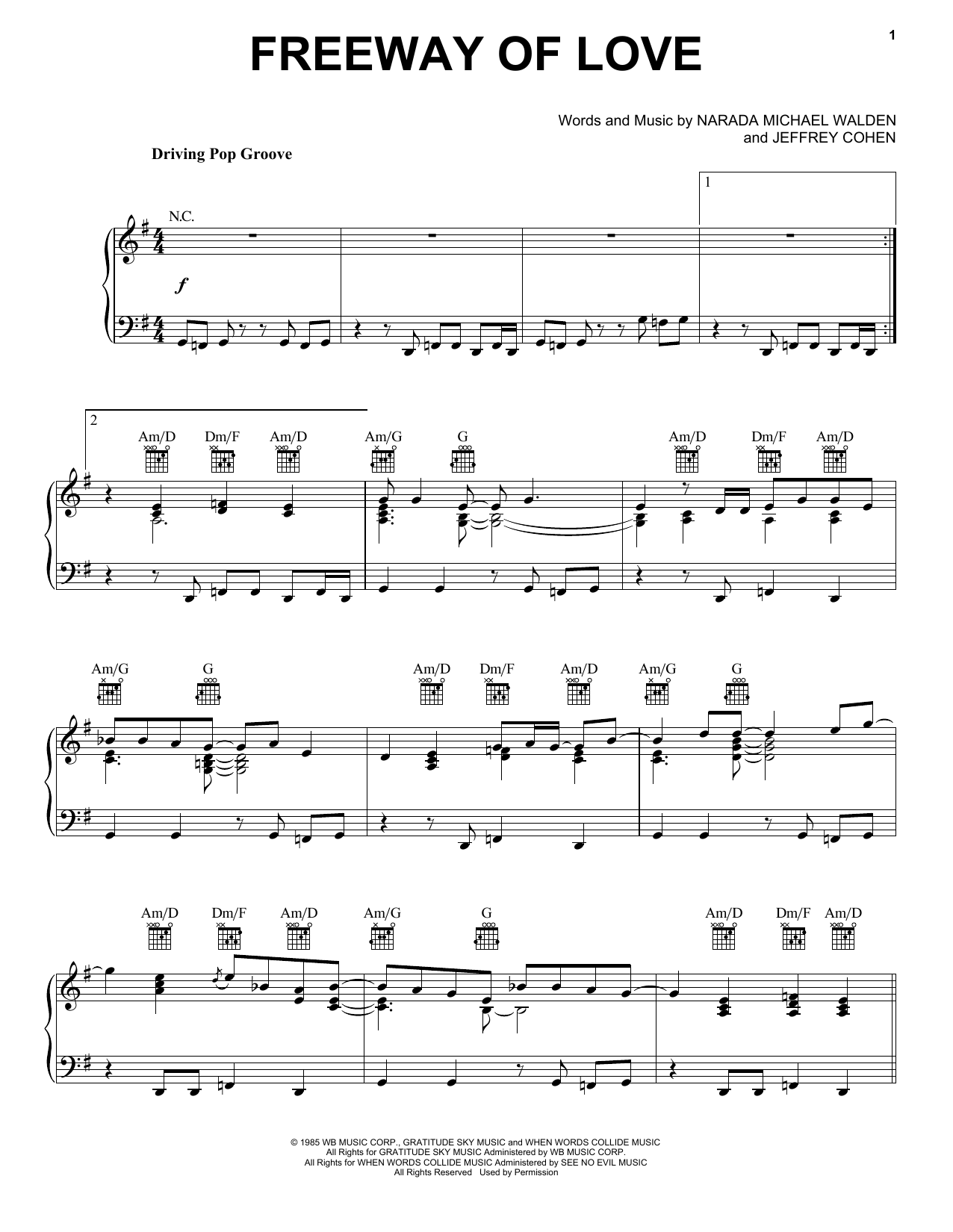 Download Narada Michael Walden Freeway Of Love Sheet Music and learn how to play Piano, Vocal & Guitar (Right-Hand Melody) PDF digital score in minutes