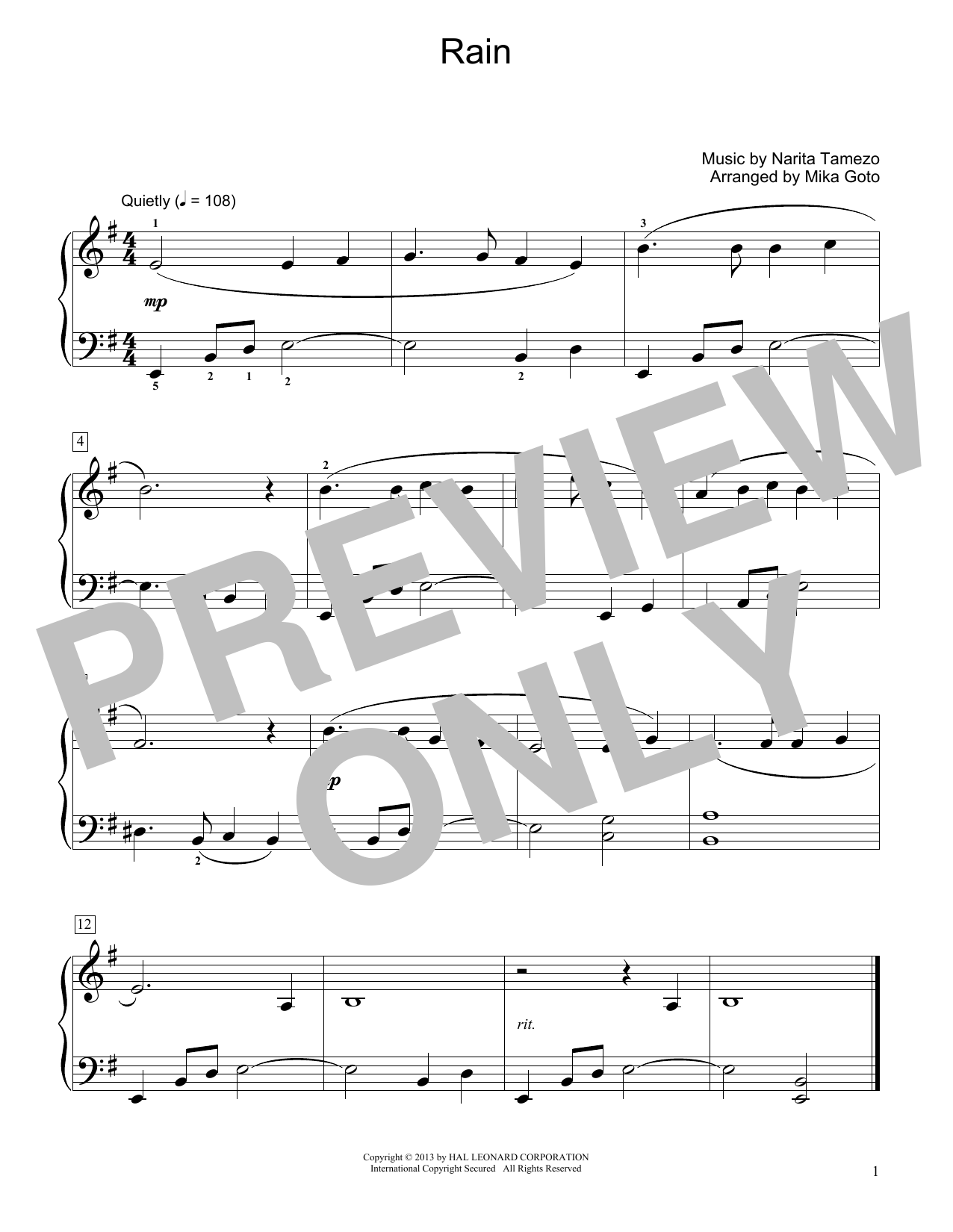 Download Narita Tamezo Rain (arr. Mika Goto) Sheet Music and learn how to play Educational Piano PDF digital score in minutes