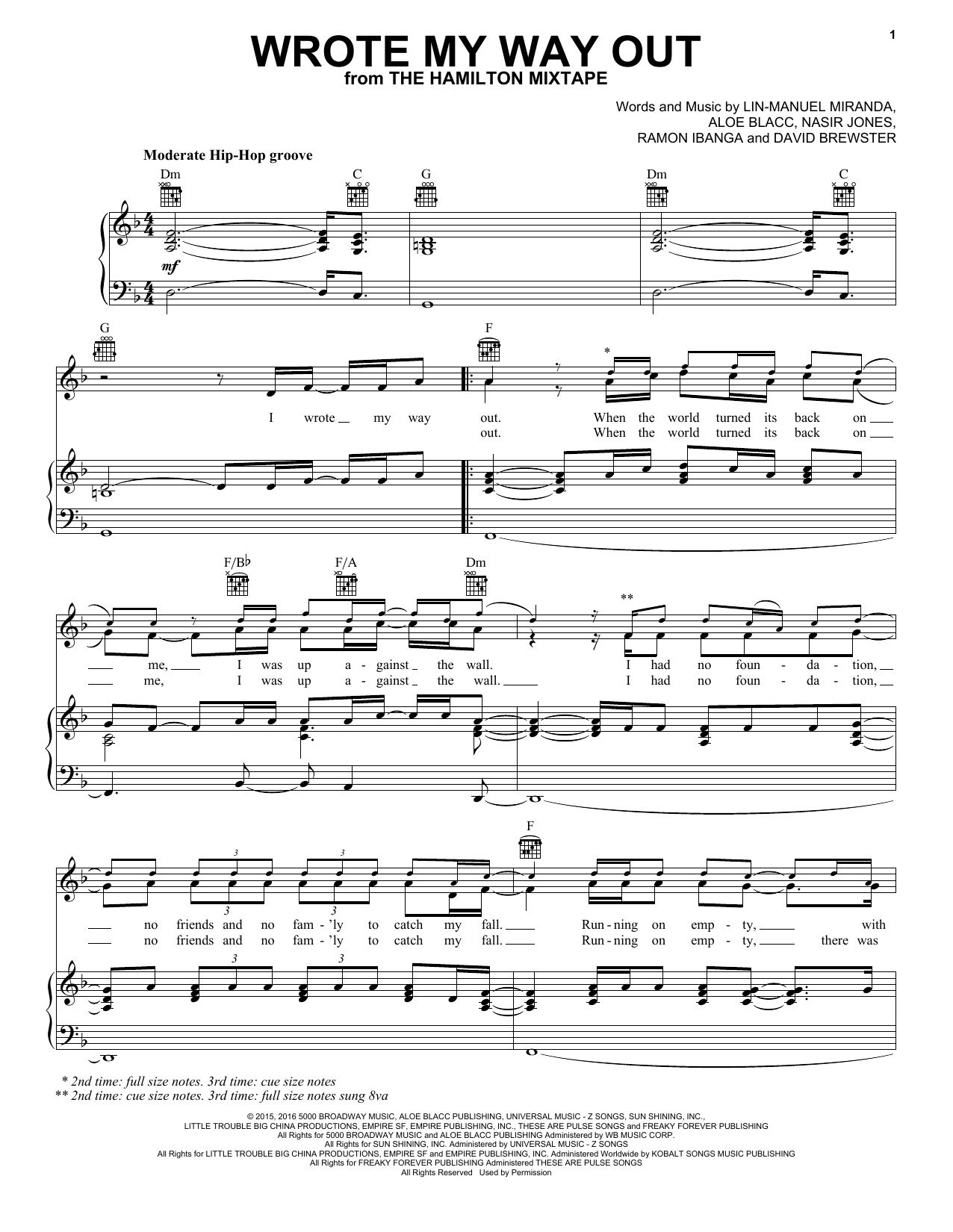 Download Lin-Manuel Miranda Wrote My Way Out Sheet Music and learn how to play Piano, Vocal & Guitar (Right-Hand Melody) PDF digital score in minutes