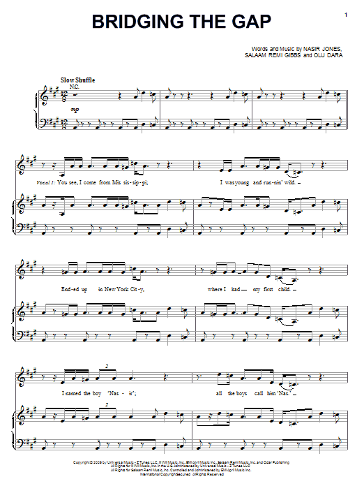 Download Nas Bridging The Gap (feat. Olu Dara) Sheet Music and learn how to play Piano, Vocal & Guitar (Right-Hand Melody) PDF digital score in minutes