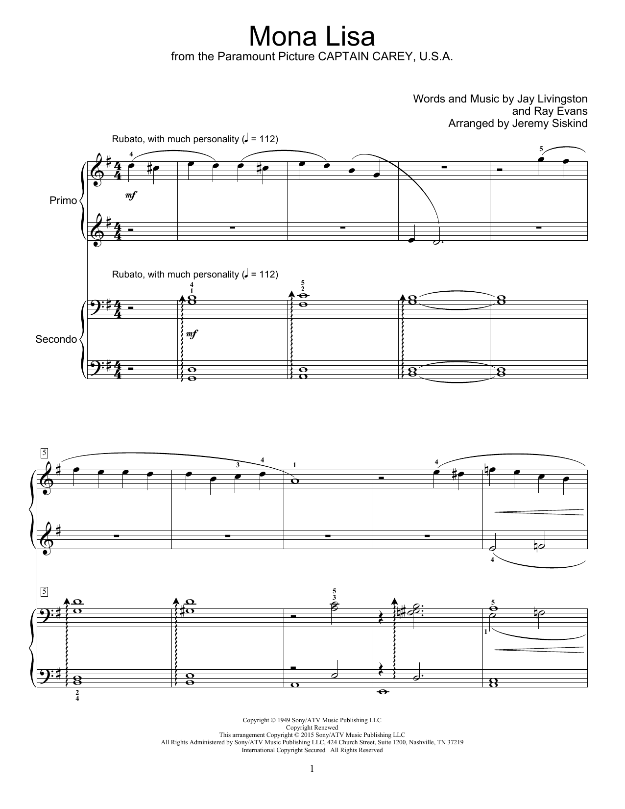Download Nat King Cole Mona Lisa Sheet Music and learn how to play Piano Duet PDF digital score in minutes