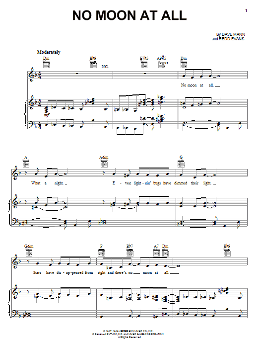Download Nat King Cole No Moon At All Sheet Music and learn how to play Piano, Vocal & Guitar (Right-Hand Melody) PDF digital score in minutes