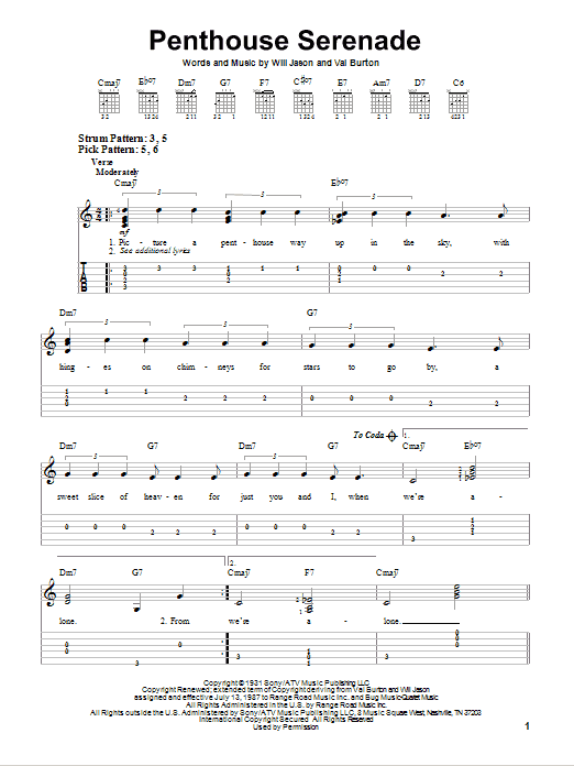Download Nat King Cole Penthouse Serenade Sheet Music and learn how to play Easy Guitar Tab PDF digital score in minutes