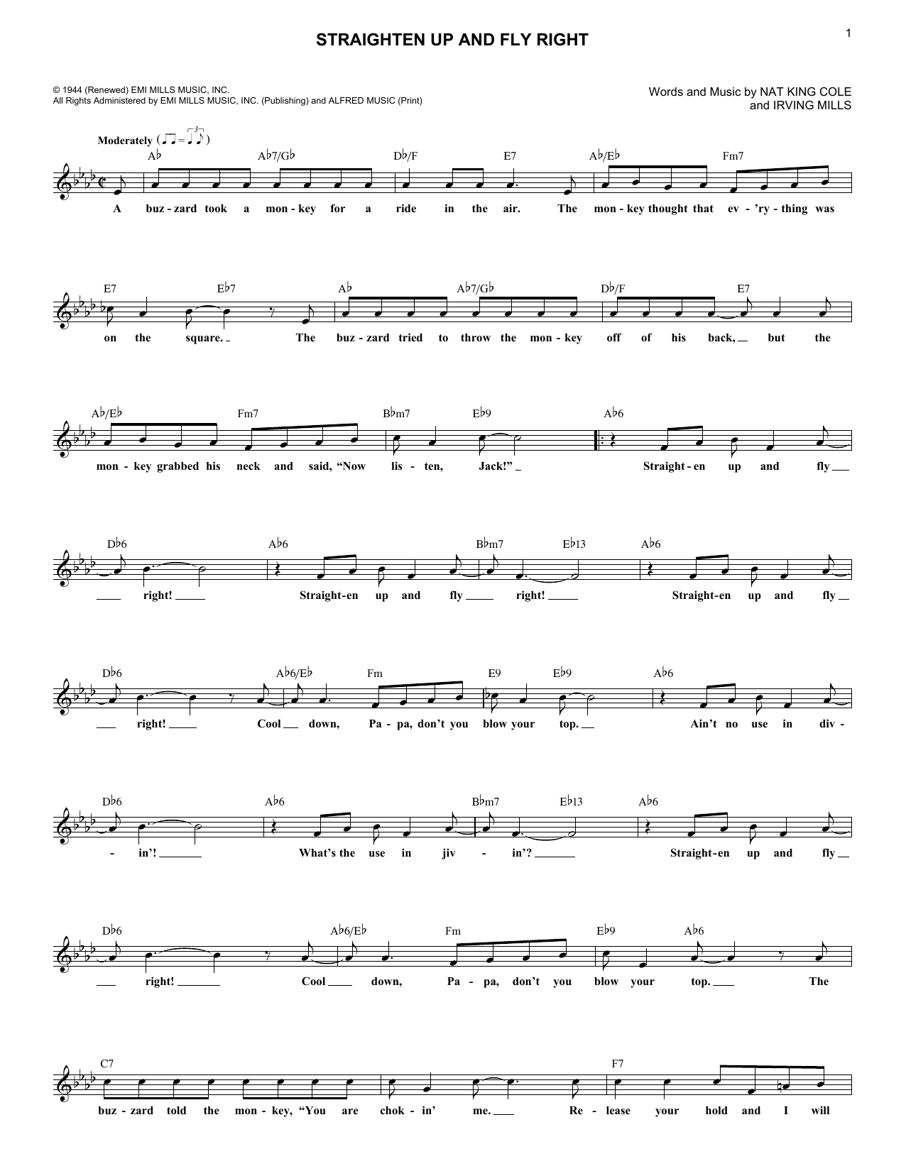 Download Nat King Cole Straighten Up And Fly Right Sheet Music and learn how to play Lead Sheet / Fake Book PDF digital score in minutes