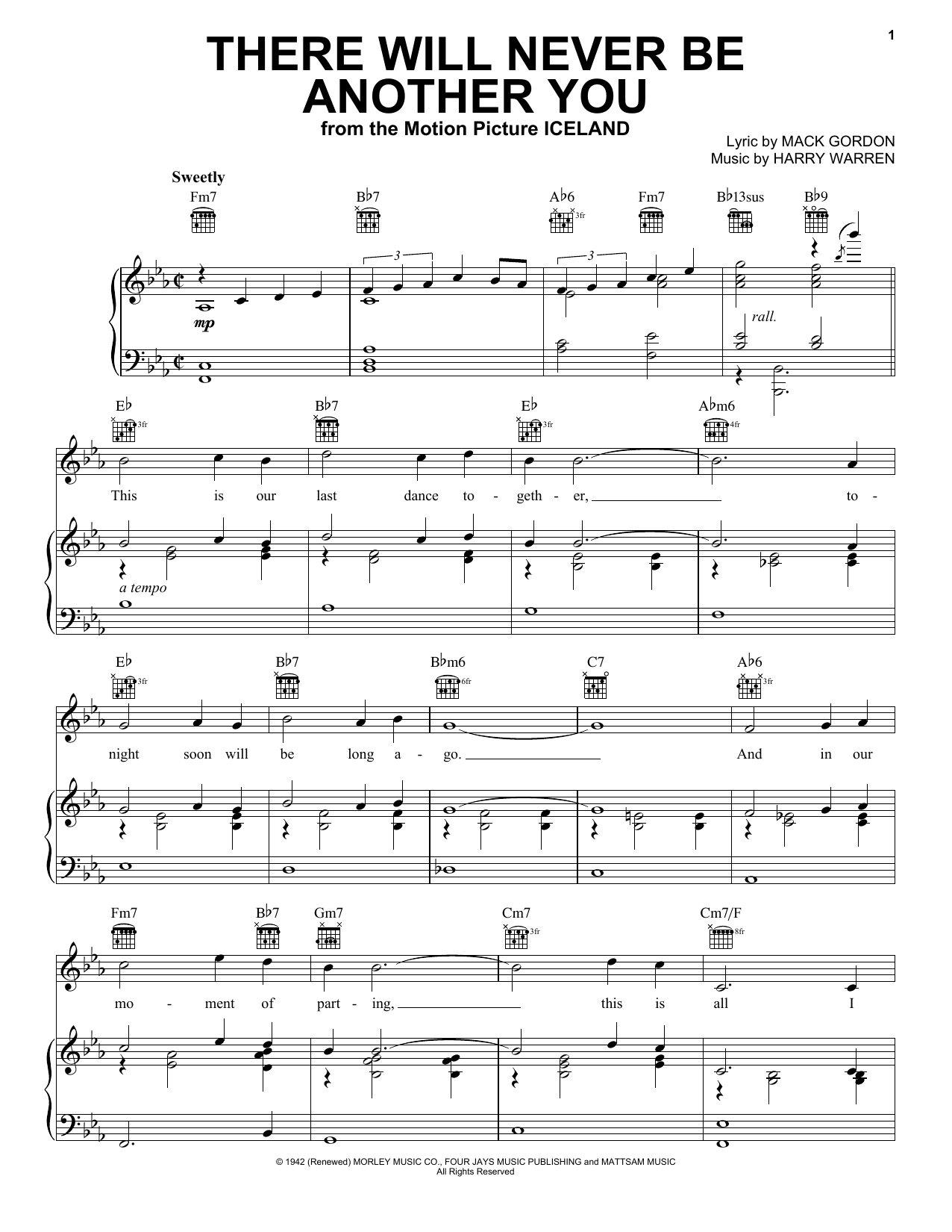 Download Nat King Cole There Will Never Be Another You Sheet Music and learn how to play Piano, Vocal & Guitar (Right-Hand Melody) PDF digital score in minutes