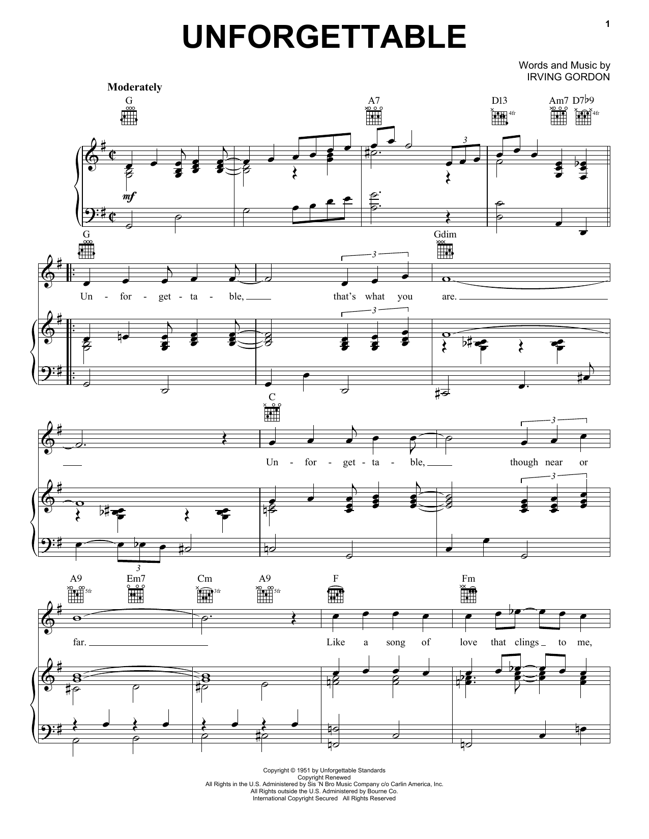 Download Nat King Cole Unforgettable Sheet Music and learn how to play Piano, Vocal & Guitar (Right-Hand Melody) PDF digital score in minutes