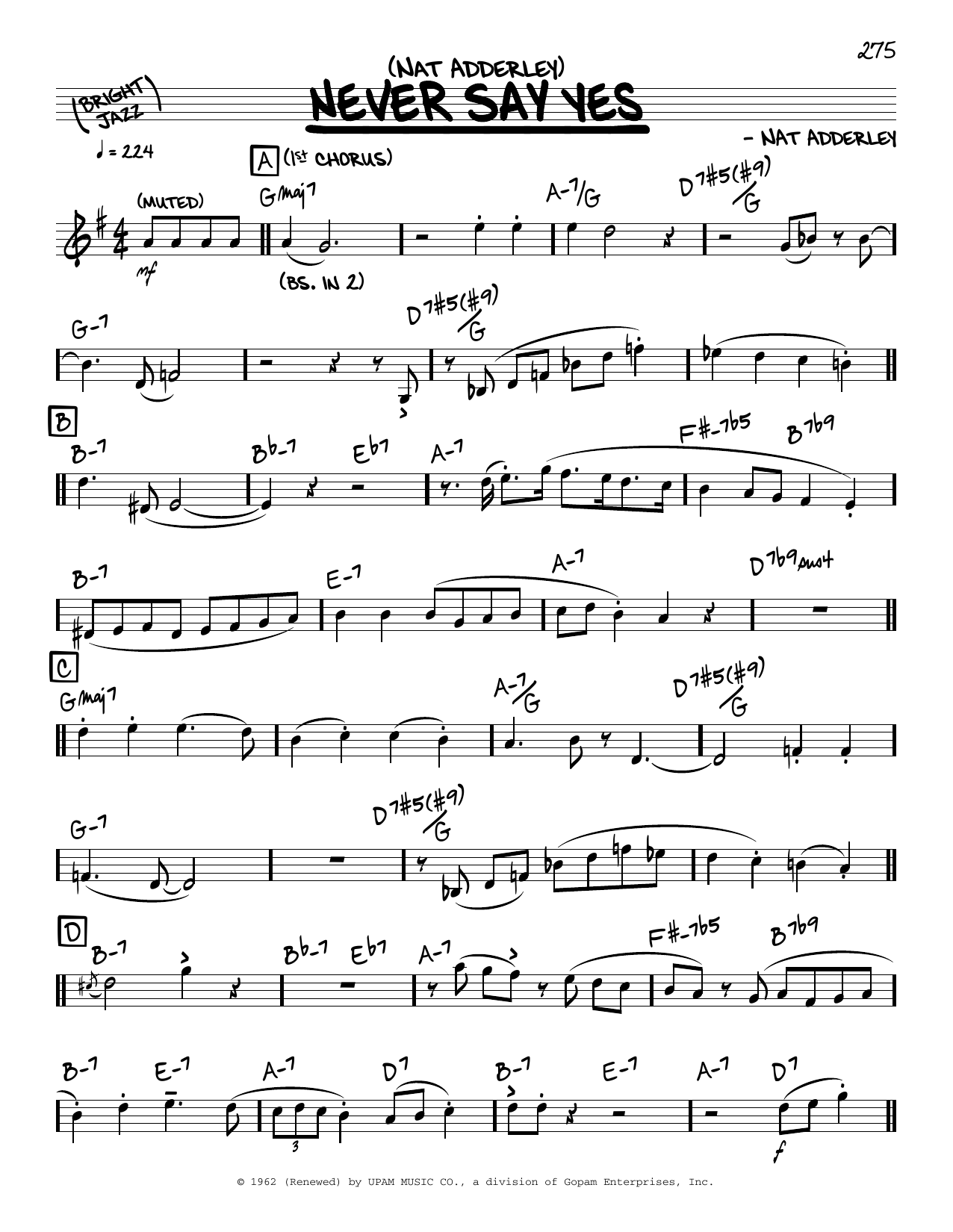Download Nat Adderley Never Say Yes (solo only) Sheet Music and learn how to play Real Book – Melody & Chords PDF digital score in minutes