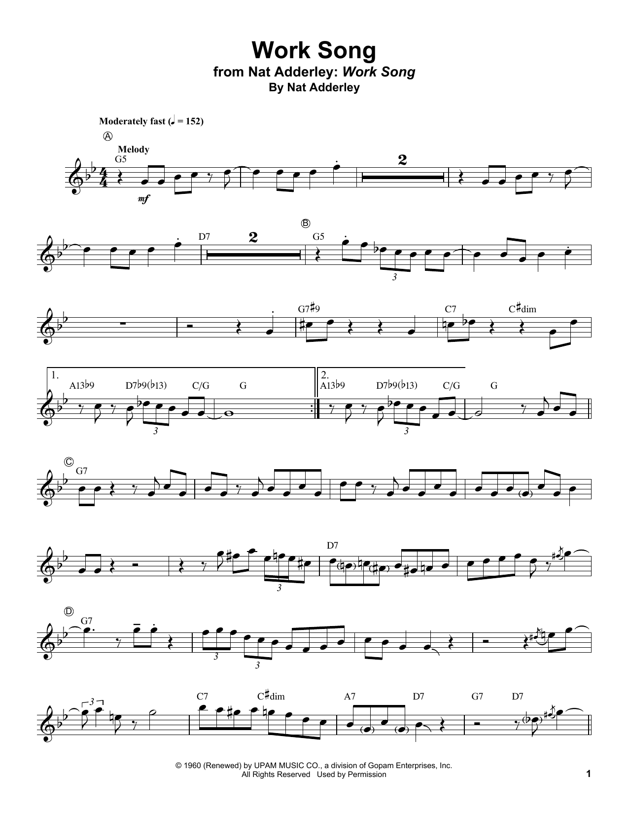 Download Cannonball Adderley Work Song Sheet Music and learn how to play Trumpet Transcription PDF digital score in minutes